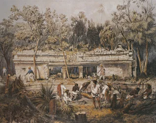 Arkeologerna Frederick Catherwood och John Lloyd Stephens mäter upp templet i Tulum, Yucatán, Mexiko, illustration ur ”Vyer över forntida monument i Centralamerika, Chiapas och Yucatán”