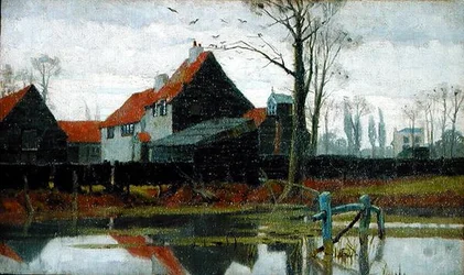 Gårdsbyggnader, ca 1889 (olja på duk)