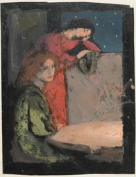 Två flickor vid ett bord Se ut på en stjärnklar natt, 1905 (tempera på kort)