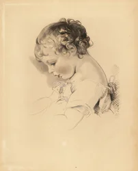 Porträtt av Henry Bloxam, brorson till Sir Thomas Lawrence. Pojke i klänning med blått band. Handtonad gravyr av Frederick Christian Lewis efter en illustration av Sir Thomas Lawrence från P.G. Patmore