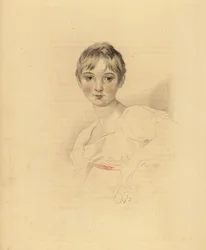 Porträtt av Lucy Meredith, brorsdotter till Sir Thomas Lawrence. Ung pre-teen flicka i vit klänning med rosa band bälte. Handtonad gravyr av Frederick Christian Lewis efter en illustration av Sir Thomas Lawrence från P.G. Patmore
