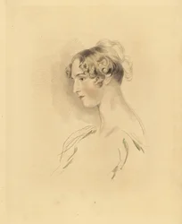 Porträtt av Mary Isabella Bloxam som ung kvinna, brorsdotter till Sir Thomas Lawrence. Med håret uppåt och lockigt, i en off-the-shoulder klänning. Gravyr av Frederick Christian Lewis efter en illustration av Sir Thomas Lawrence från P.G. Patmores kabinett