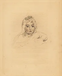 Porträtt av Mary Isabella Bloxam, brorsdotter till Sir Thomas Lawrence. I motorhuv med band. Handtonad gravyr av Frederick Christian Lewis efter en illustration av Sir Thomas Lawrence från P.G. Patmore