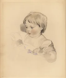 Porträtt av Rowland Bloxam, brorson till Sir Thomas Lawrence. Knubbig pojke i klänning bunden med blått band. Handtonad gravyr av Frederick Christian Lewis efter en illustration av Sir Thomas Lawrence från P.G. Patmore