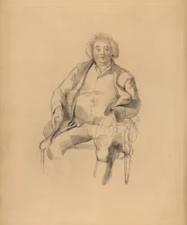 Porträtt av Sir Thomas Lawrences far, gästgivare Thomas Lawrence. Portly man i peruk sittande på en stol. Handtonad gravyr av Frederick Christian Lewis efter en illustration av Sir Thomas Lawrence från P.G. Patmore