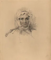 Porträtt av Sir Thomas Lawrences mamma Lucy Read nära döden. I huva och klänning med hög hals. Handtonad gravyr av Frederick Christian Lewis efter en illustration av Sir Thomas Lawrence från P.G. Patmore