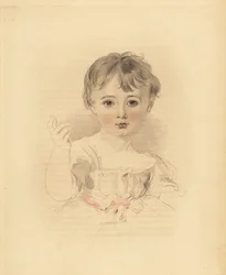 Porträtt av Thomas Lawrence Bloxam, brorson till Sir Thomas Lawrence. I klänning knuten med ett rosa band. Handtonad gravyr av Frederick Christian Lewis efter en illustration av Sir Thomas Lawrence från P.G. Patmore