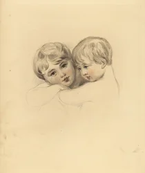 Porträtt av Calmeady-barnen i en omfamning. Handtonad gravyr av Frederick Christian Lewis efter en illustration av Sir Thomas Lawrence från P.G. Patmore