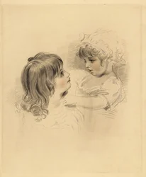 Porträtt av två barn. Den äldre håller ett motvilligt yngre barn i huva och klänning. Handtonad gravyr av Frederick Christian Lewis efter en illustration av Sir Thomas Lawrence från P.G. Patmore