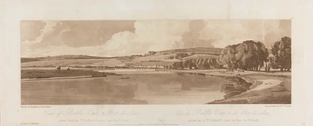 Vy över Belle Vue och Pont de Seve tagen från terrassen nära Pont de St. Cloud 1802; Platta 13 Views in Paris, Emanuel Volume-spårningen av plattan B1981.25.2622