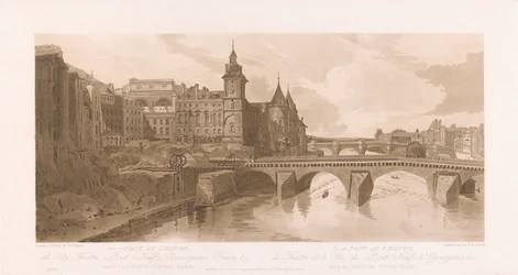 Utsikt över Pont au Change, Theatre de la Cite, Pont Neuf och Conciergerie-fängelset
