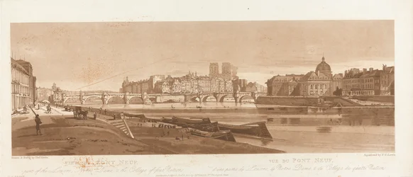 Utsikt över Port Neuf, en del av Louvren, Notre Dame & College of Four Nations, 1803; Skylt 7 från Views in Paris, Emanuel Volume-spårningen av plattan B1981.25.2616