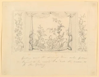 Ritning, The Royal Pavilion, Brighton, blå (södra) salongen, förslag till väggdekoration, ca 1820