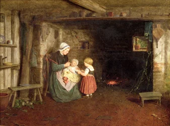 Förväntning: Interiör av en stuga med en mor och barn, 1854