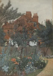 Utsikt över en trädgård i Bedford Park, 1885