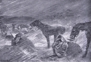 En sydafrikansk hagelstorm, från After Pretoria: The Guerilla War publicerad av Harmsworth Bros Limited, 1901