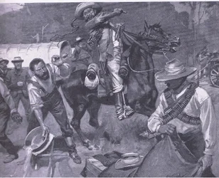 Boer behandling av fredssändebud: The flogging of Margendaal, från After Pretoria: The Guerilla War publicerad av Harmsworth Bros Limited, 1901