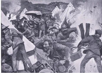 Boers som plundrar det brittiska lägret vid Nooitgedacht under artillerield, från After Pretoria: The Guerilla War publicerad av Harmsworth Bros Limited, 1901