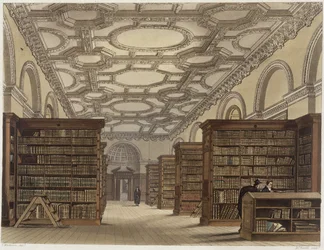 Interiör av Public Library, Cambridge, från "The History of Cambridge", graverad av Daniel Havell (1785-1826), pub. av R. Ackermann, 1815 (färgakvatint)