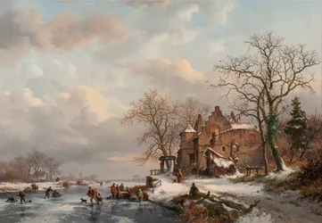 Ett vinterlandskap med skridskoåkare på en frusen flod, 1862