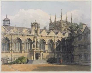 Oriel Colleges exteriör, illustration från "History of Oxford", graverad av F.C. Lewis (1779-1856), utgiven av R. Ackermann, 1813 (akvatint).
