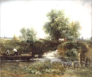 Flod med Horses Crossing och Skiff