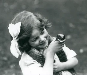En ung flicka Betty som håller en Eastern Indigo Snake, London Zoo, 1924