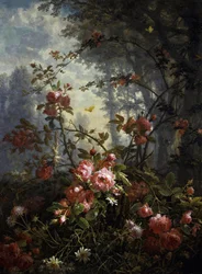 Studie av rosor och fjärilar Målning av Ernest Ludolf Meyer (1848-1922 tysk) Privat samling