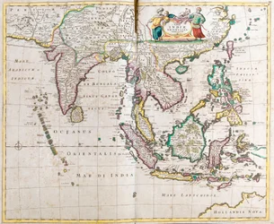 Karta över Ostindien (Syd- och Sydostasien: Pakistan, Indien, Nepal, Bangladesh, Burma, Sri Lanka, Thailand, Malaysia, Vietnam, Kambodja, Laos, Filippinerna, Singapore och Indonesien)