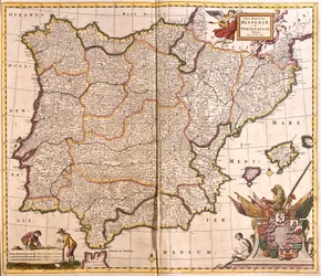 Karta över den iberiska halvön, Spanien och Portugal (etsning