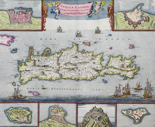 Karta över ön Candia (Kreta) med Heraklions hamn, cirka 1680
