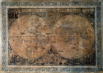 Nova Totius Terrarum Orbis Tabula, världskarta med dubbel halvklot av Frederick de Wit (1629-1630 - 1706), tillägnad kejsar Joseph I, kopparstick