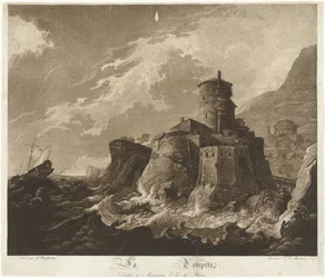 Slott på den klippiga kusten och fartyg i storm till havs La Tempête (titel på objekt)