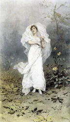 Woman in a Forest - Allegory of Autumn, Kalender illustrerad av Hubert Dys, målad av F.H. Kaemmerer