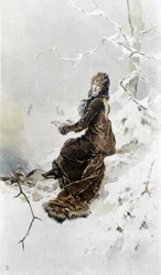Woman in the Snow: Allegory of Winter, Kalender illustrerad av Hubert Dys, målad av F.H. Kaemmerer