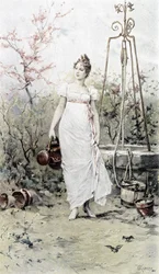Kvinna som återvänder från en brunn - allegori om våren, kalender illustrerad av Hubert Dys, målad av F.H. Kaemmerer