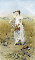 Kvinna med vete och vallmo - sensommar allegori, kalender illustrerad av Hubert Dys, målad av F.H. Kaemmerer