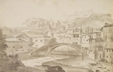 Wien, nära Lyon. Pont Saint-Martin över floden Gére. TV. Priory of Saint-Martin, t.h. Porte de la Rochette och slott Pipet