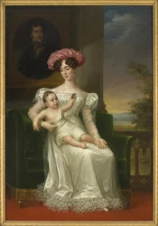 Josephine de Leuchtenberg, drottning av Sverige och Norge, med sin son Karl XV i famnen, sittande framför ett porträtt av kung Oscar I, Porträtt av Josephine av Leuchtenberg (1807-1876), drottning av Sverige och Norge, av Fredric Westin (1782-1862)