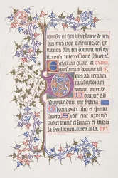 Upplyst blad med inledande E recto, vinstockar tergo, 1830-62.