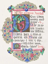 Upplyst bokstav D inom en dekorerad gräns, 1830-62.