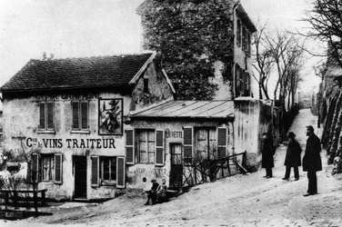 Paris: cabaret des assassins, cabaret du Lapin Agile rue des Saules - fotografi, sent 1800- eller tidigt 1900-tal