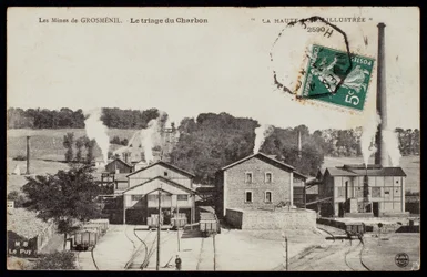 Vykort som visar gruvorna i Grosmenil, sorterar ut kol, Haute-Loire, ca 1900