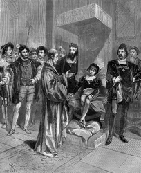 (Cardanus Hieronymus) Gerolamo Cardano (Jerome Cardan), italiensk läkare, matematiker och filosof (1501-1576), som presenterar horoskopet för kung Edward VI av England. i ”Populär vetenskapshistoria, uppfinningar och upptäckter från de första århundradena 