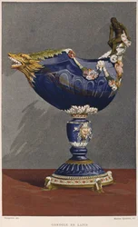 1500-tals gondolformad bägare inlagd med lapis lazuli, monterad i emaljerad och förgylld silver, illustration från Dictionnaire de lameublement et de la dekoration av Henry Havard, volym 2, tallrik