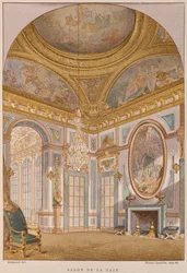 1600-talet Living Peace, Chateau de Versailles, illustration från ordboken över inredning och dekoration av Henry Havard, Volym 4, Lägenhet 36, Paris, Maison Quantin, 1878 (färg li