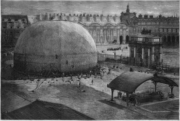 Världsutställningen i Paris 1878: svullnaden av Henri Giffards ballong i fångenskap lägger sig på gården till Tuilerierna. Gravyr i "" Le Monde Illustré"" nr 1112 av 20 juli 1878.