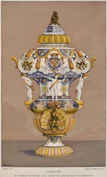 1700-tals fajansfontän med Montmorency Luxemburgs vapen, tillverkad i Rouen, illustration från Dictionnaire de lameublement et de la dekoration av Henry Havard, volym 2,