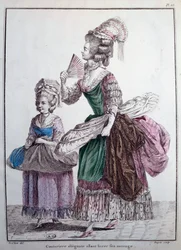 1700-talsmode: en elegant designer som levererar sitt arbete, en underkjol trimmad med valar som används för att stödja kvinnors klänning. Gravyr av 1778 Paris, dekorativ konst