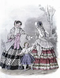 2 fashionabla kvinnor med en tjej på promenad - i "Journal des Demoiselles"" 1852.